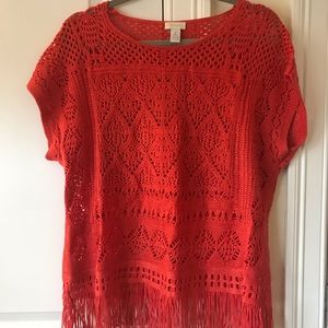 Chico’s Red/Orange Crochet Short Sleeve Sweater Sz 10 (Chico’s Sz 2)